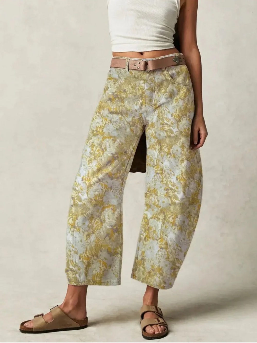 High-Rise Wide Leg Floral Jacquard Barrel Pants in Gold & Cream NWT